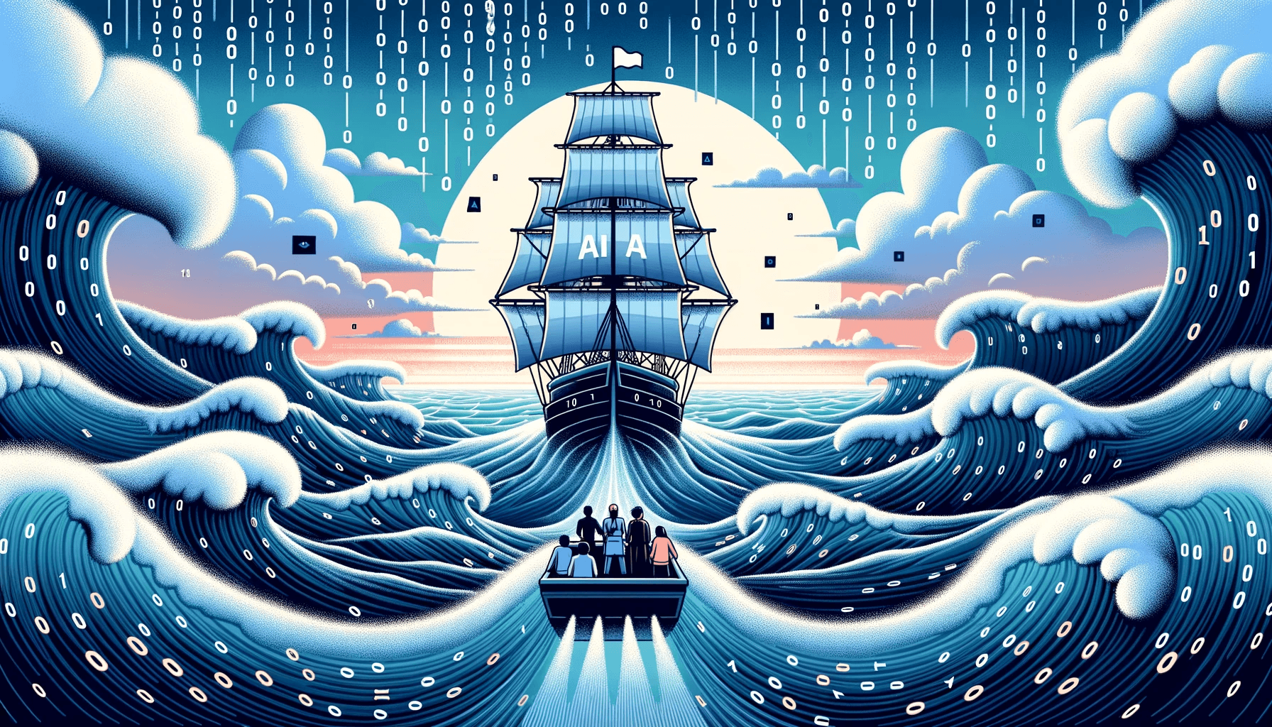 Illustration in a 16:9 aspect ratio that portrays a tumultuous sea with waves made of binary codes, symbolizing the chaos of AI risks. Amidst the stormy waters, a ship navigates, its sails bearing symbols of AI and algorithms. The horizon shows a calm sea