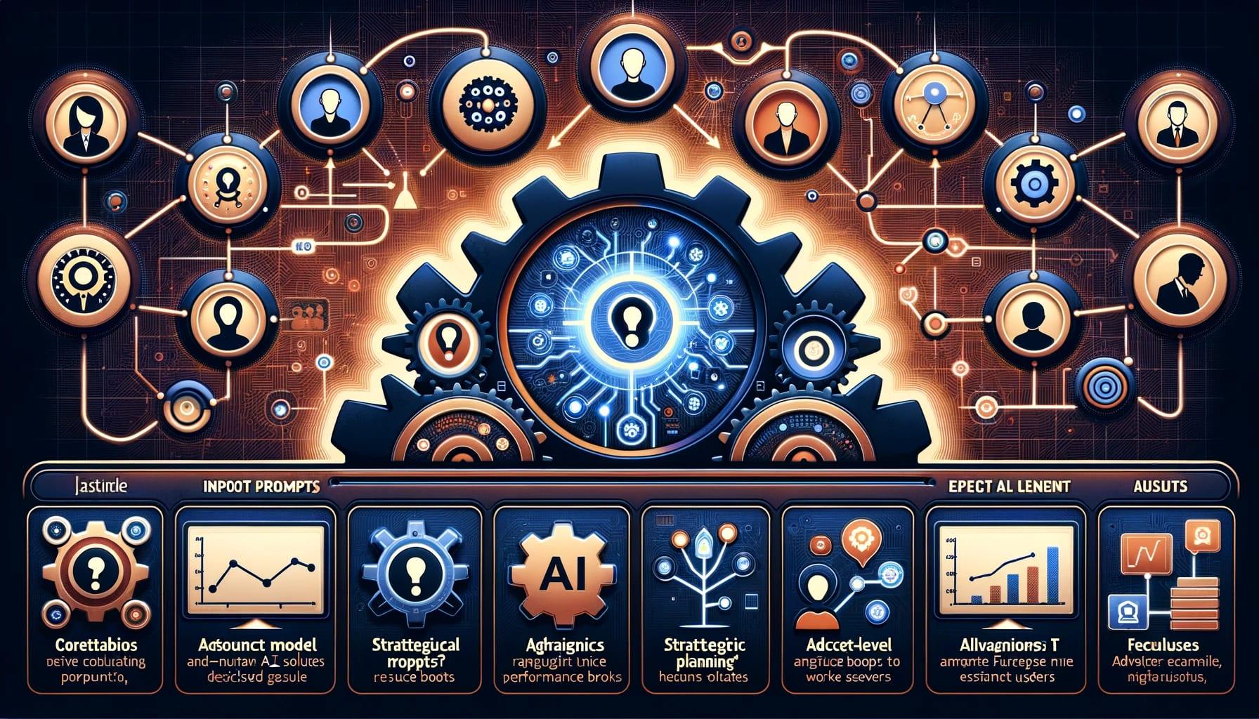 Illustration visualizing the PromptAgent system: A digital interface split into three sections. The left section represents 'Input Prompts' with sample language model questions. The middle section, titled 'Strategic Planning', shows gears, algorithms, and decision trees working together. The right section, labeled 'Expert-Level Results', displays advanced AI and IT solutions, graphs indicating performance boosts, and satisfied users. The backdrop features a neural network pattern, emphasizing the AI-driven optimization.