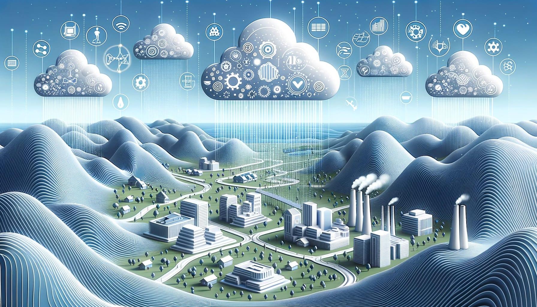 Illustration of a digital landscape with rolling data hills and AI cloud formations. On this landscape, there are structures symbolizing traditional b