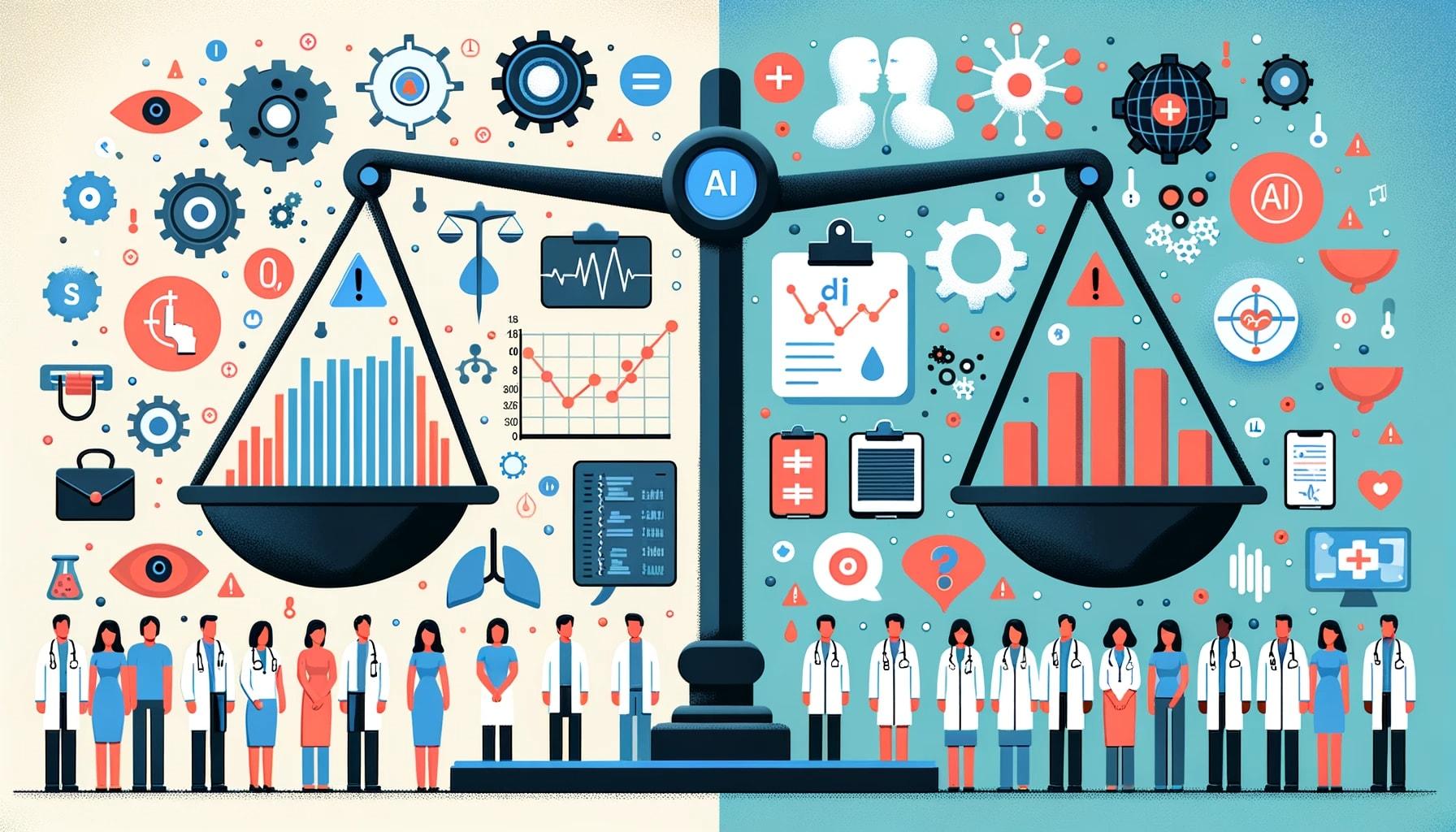 Illustration-of-a-split-scene.-On-one-side-theres-a-depiction-of-AI-algorithms-producing-biased-healthcare-results-represented-by-skewed-graphs