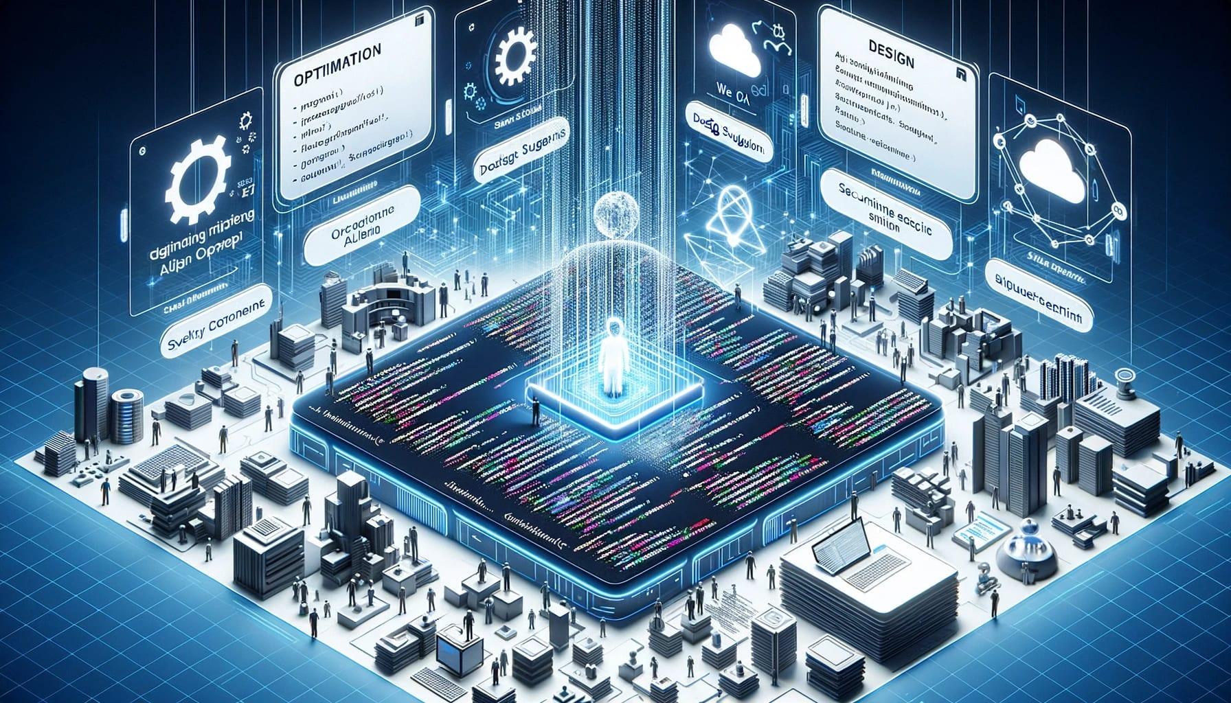 Illustration of a digital software development environment. Engineers navigate a 3D space filled with lines of code that dynamically adapt and evolve