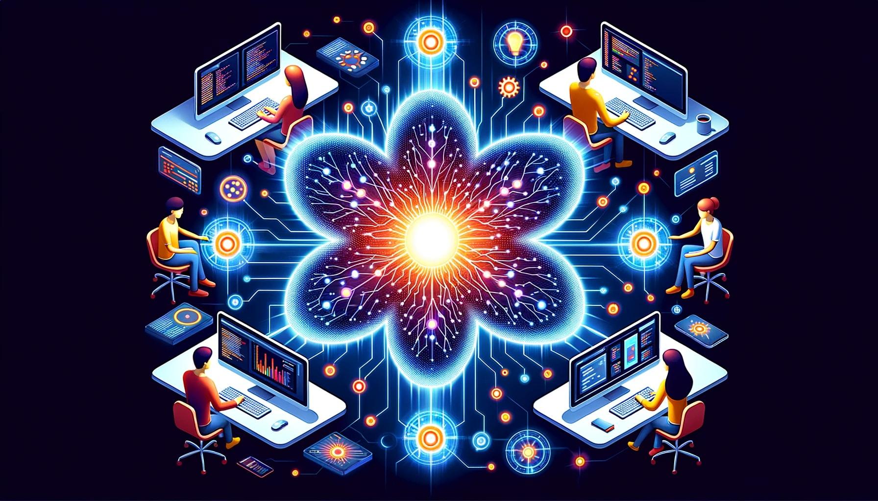 Illustration representing the 'generative shift hypothesis' with a central, glowing AI node radiating outwards. Surrounding it, a variety of end-users are engaged in programming tasks on screens, showing the enhanced capabilities AI has brought to them.