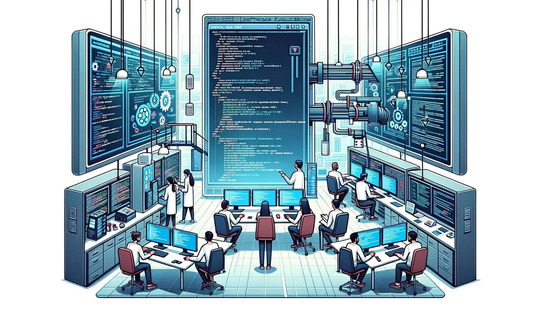 Illustration set in a high-tech software lab where ChatGPT's impact on software engineering is explored. The central focus is a workstation with a digital interface displaying ChatGPT's architecture. On adjacent screens, lines of code are being automatically reviewed and fixed. Engineers of diverse genders and descents work together, some manually reviewing the automated fixes, while others discuss the potential and challenges of integrating Large Language Models into software repair workflows.