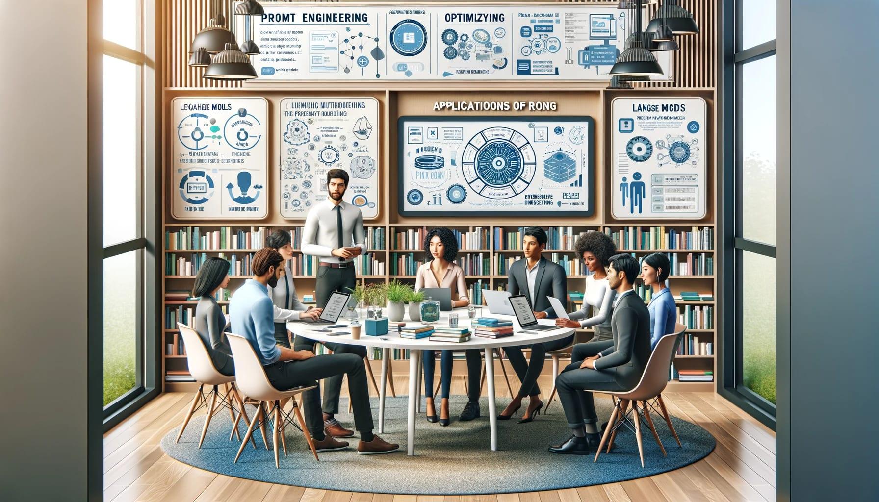 interior scene of a modern, well-lit library with a diverse group of professionals conducting a 'Prompt Engineering' workshop. The group includes a Caucasian male with a beard wearing glasses, an Asian female with short hair, a Black female with curly hair, and a White male with a buzz cut. They are gathered around a round table covered with laptops, papers, and books titled 'Prompt Engineering', 'Optimizing AI', and 'Language Models'. The walls are adorned with infographics explaining principles and methodologies of prompt engineering, and a projector displays a presentation titled 'Applications of Prompt Engineering'.