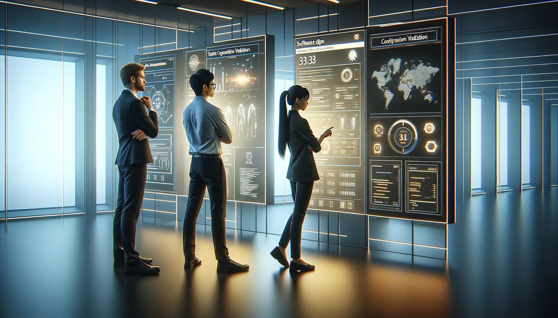 Three professionals analyze data on futuristic digital screens in a high-tech control room, showcasing global metrics and sophisticated software analytics.