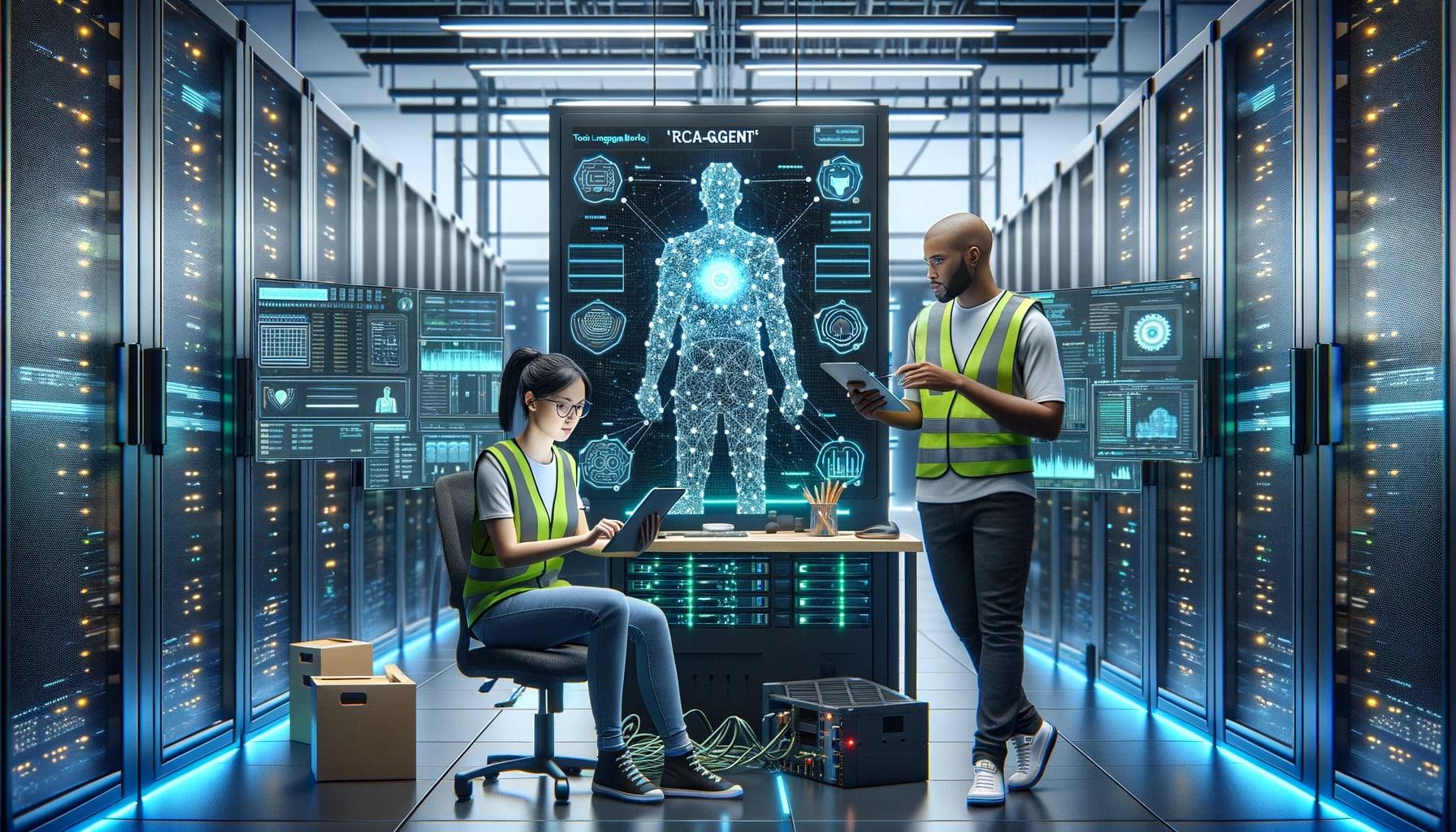 IT specialists in reflective vests work in a server room, using tablets to interface with a holographic AI interface and monitor data center operations.