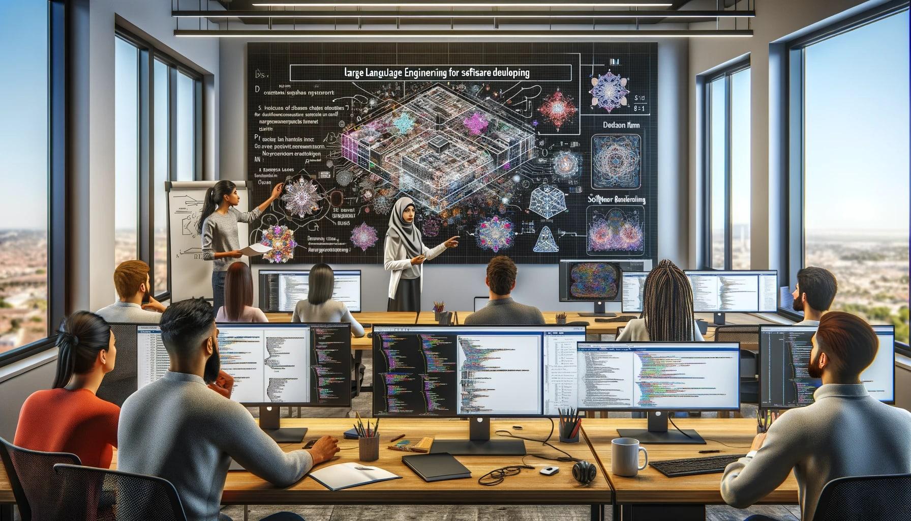 A diverse team of software engineers and data scientists engaged in a collaborative workspace with multiple monitors displaying code, while a presentation on natural language processing advancements is given, highlighting teamwork in AI development.