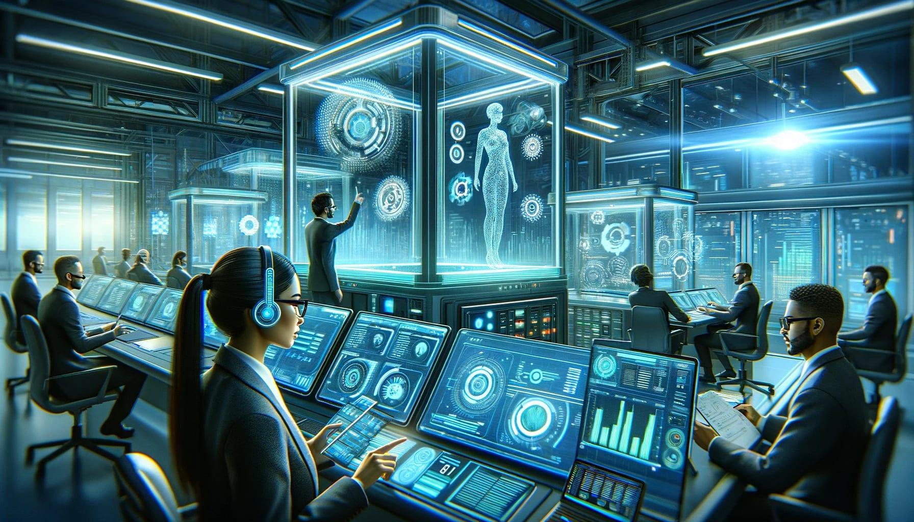 Futuristic cyber security operations center with analysts at workstations monitoring digital data, a professional in VR headset interacting with 3D human hologram, representing high-tech surveillance and IT management.