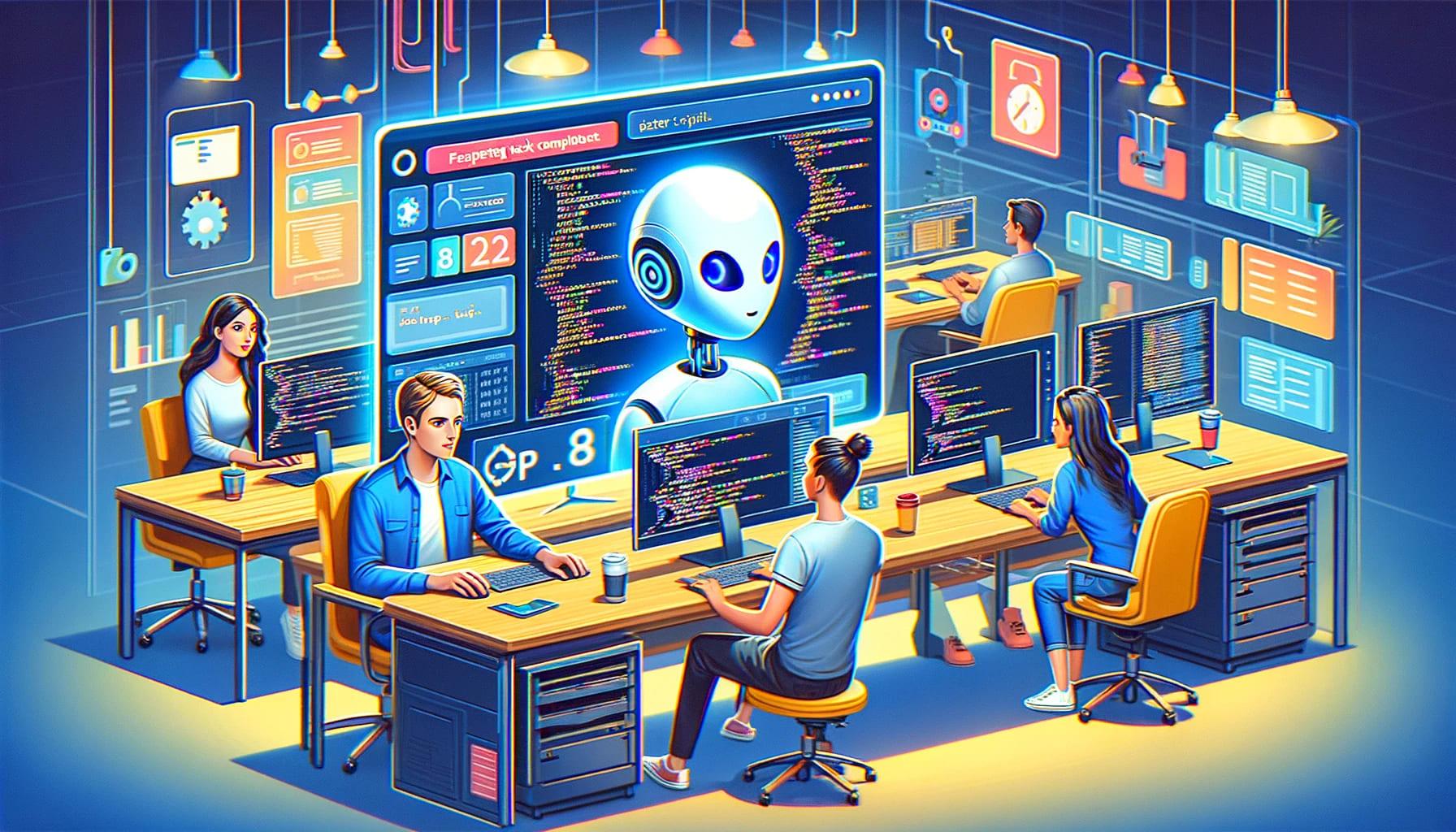 Vibrant illustration of a futuristic tech office environment featuring an advanced AI assistant interacting with a diverse team of developers. The office is equipped with high-tech computers and multiple displays showcasing coding tasks, software development progress, and data analytics. Ideal for articles on artificial intelligence in the workplace, collaborative technology teams, and the future of enterprise application development.