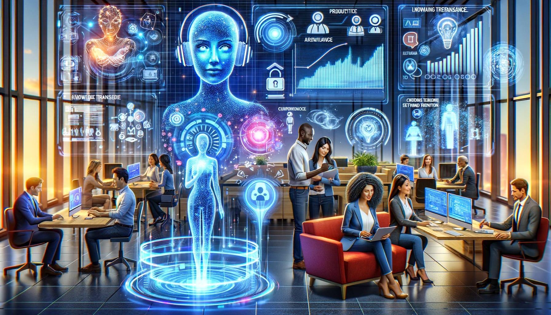 Futuristic office environment showcasing a diverse team of professionals working with advanced technology, including interactive AI holograms and high-tech data analytics. This vibrant image depicts a high-tech workplace with collaborative spaces, digital interfaces for business analytics, and the seamless integration of artificial intelligence in corporate settings. Ideal for articles related to the future of work, AI in business, and the digital transformation of modern office spaces.