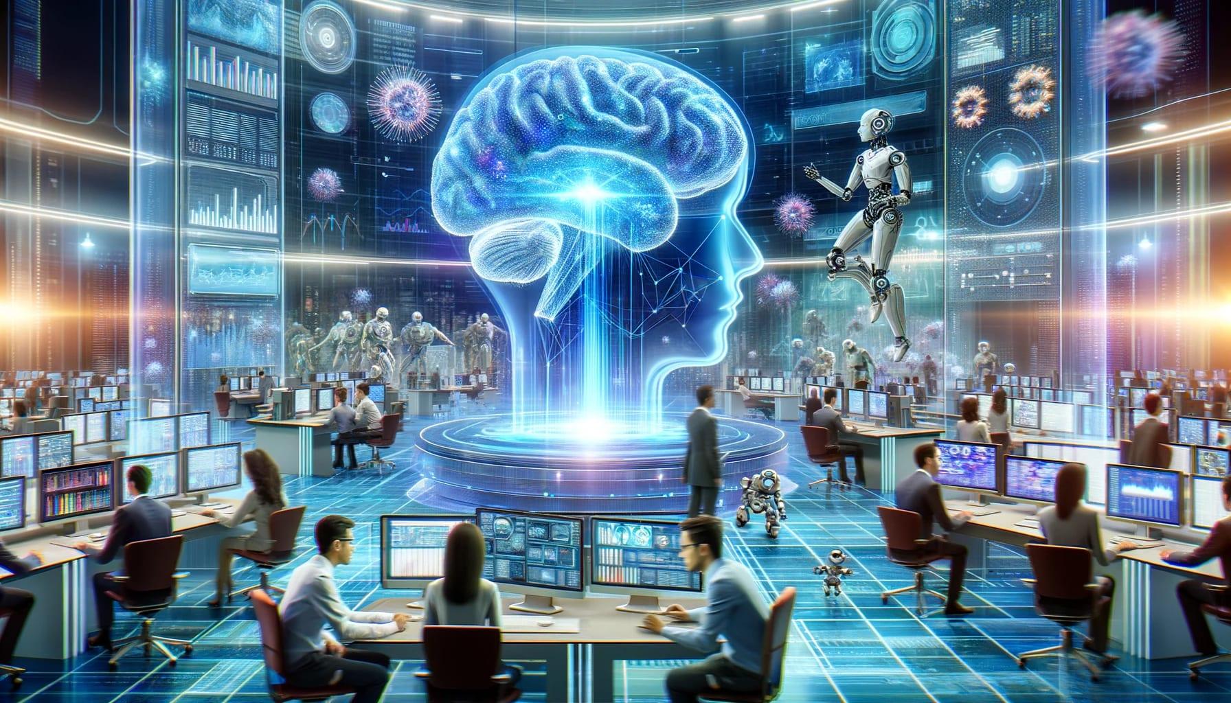 A futuristic newsroom brimming with activity, where journalists are clustered around holographic screens displaying real-time analytics and AI-generated content. In the background, a large, transparent AI brain pulses with light, symbolizing the heart of operations, with digital streams of data flowing seamlessly from the brain to the journalists' screens