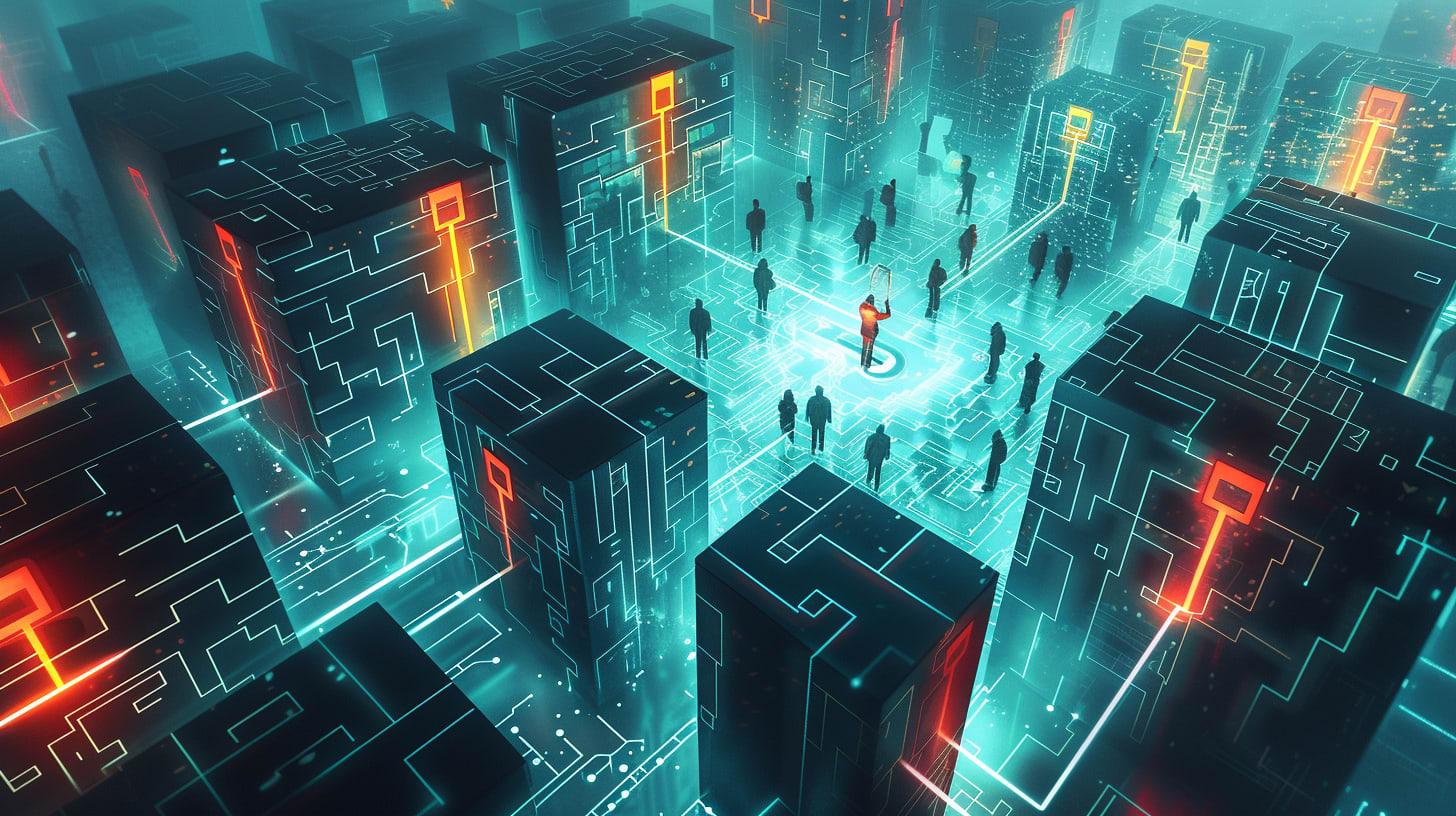 a vast, interactive maze constructed from towering walls of code and business diagrams, with a path illuminated by a guiding light from a floating, intelligent entity symbolizing an LLM. This entity guides a group of diverse professionals through the maze, highlighting pathways that represent efficient business processes and causally sound explanations.
