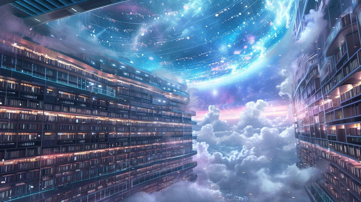 an intricate digital landscape where the fusion of cloud wisps and data streams forms a majestic tapestry in the sky. At its heart, a colossal structure reminiscent of ancient libraries and futuristic data centers stands tall. This edifice, bathed in the soft glow of bioluminescent lights, symbolizes the nexus of AI and cloud synergies.