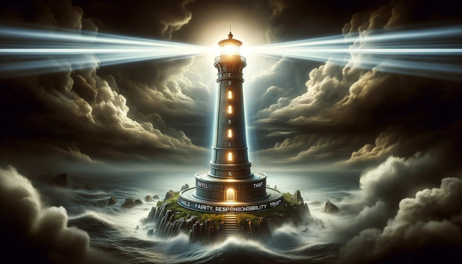 a towering lighthouse, standing resilient on a cliff overlooking a stormy sea, symbolizing guidance and safety in the tumultuous world of AI advancement. The lighthouse beam, powered by a core of glowing ethical values, cuts through the fog, illuminating a path towards ethical AI development.