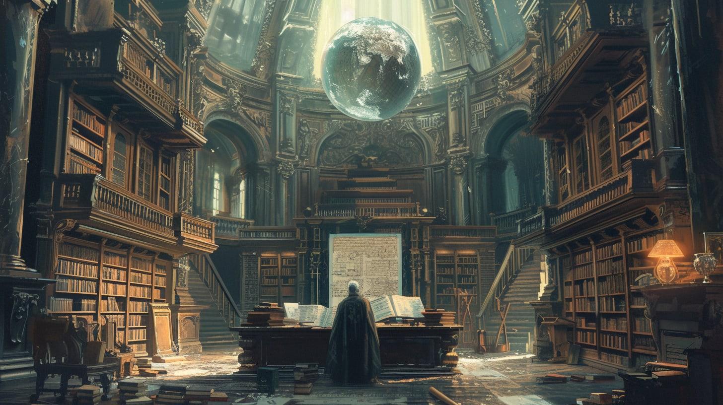 an ancient, expansive library filled with towering bookshelves, each shelf brimming with scrolls and tomes bound in mysterious materials. In the center of this library stands a large, ornate desk illuminated by a softly glowing orb suspended in the air above. At this desk, a figure known as the Ethical AI Researcher, draped in robes adorned with symbols of AI and ethics, meticulously crafts the future of generative AI applications.