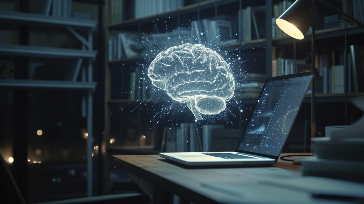 a visually striking scene where an ethereal, luminous brain floats above an open laptop, casting a soft, glowing light over a dimly lit, modern workspace. The brain, constructed from intertwining circuits and glowing nodes, symbolizes the pinnacle of AI and machine learning intelligence. Below it, the laptop screen displays an intricate web of code, subtly transitioning between various programming languages, representing automated code refactoring.