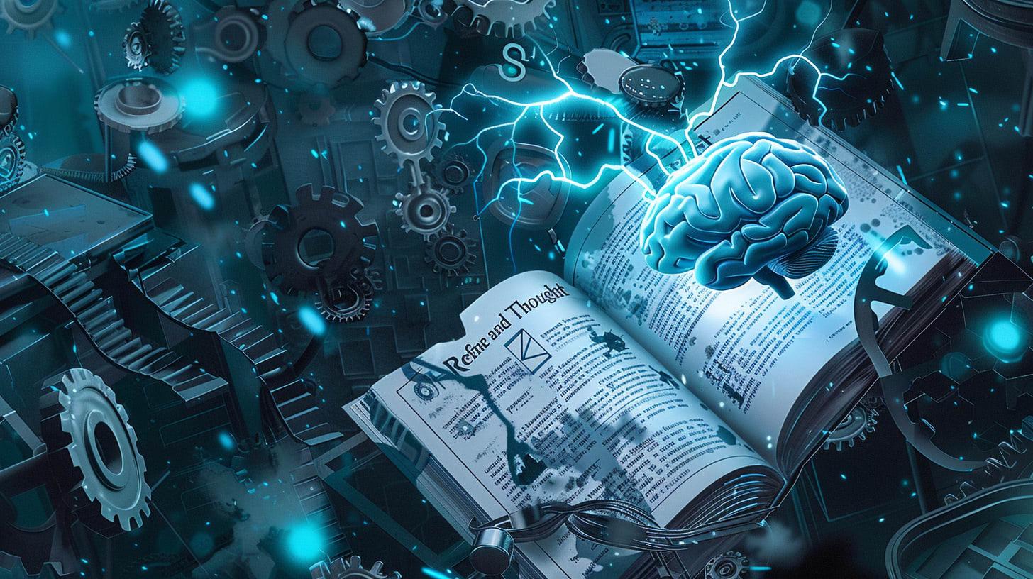 an abstract conceptual art piece representing the "Refine and Thought" (RaT) method. The artwork includes neural network motifs intertwined with classical engineering symbols like gears and blueprints. Central to the image is a stylized brain emitting light beams onto a book labeled 'Requirements Engineering.'