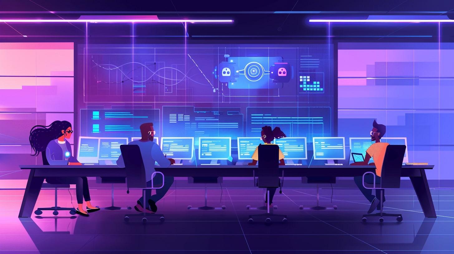 A serene, well-lit office environment with a diverse group of developers collaborating around a large table. They are monitoring AI operations on multiple screens that display various stages of IaC scripting.