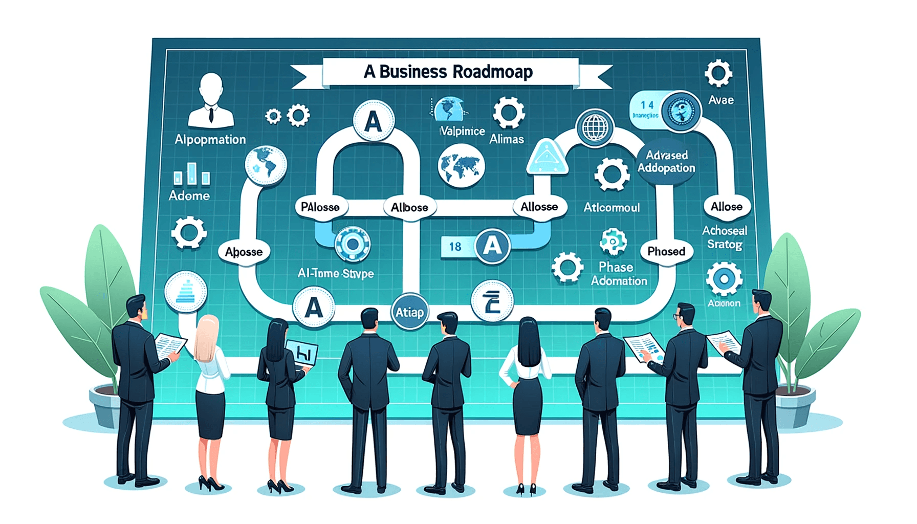 Illustration of a business roadmap with AI-themed milestones. Corporate executives, men and women of various descent, stand examining the roadmap, indicating a phased adoption strategy.