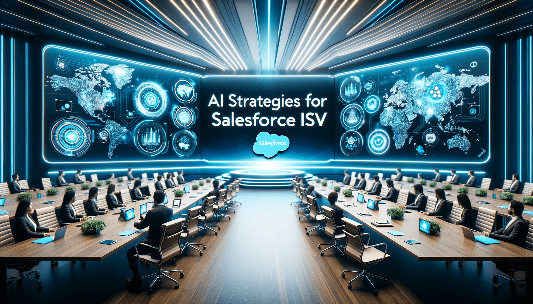 Photo of a dynamic conference room with Salesforce branding on digital screens and visual aids showcasing AI strategies, with the title 'AI Strategies for Salesforce ISVs' prominently displayed.
