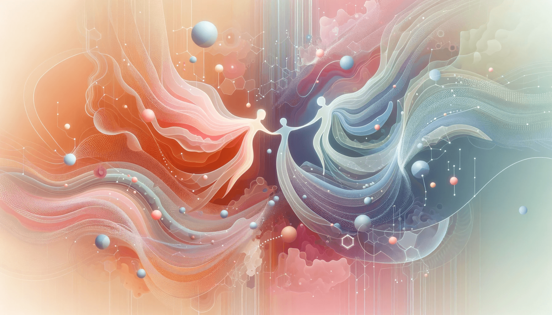 Illustration in a 16:9 aspect ratio that portrays the harmony between AI and human collaboration. Abstract shapes, possibly representing data and algorithms, dance and intertwine with ethereal human figures. Soft color gradients enhance the feeling of com