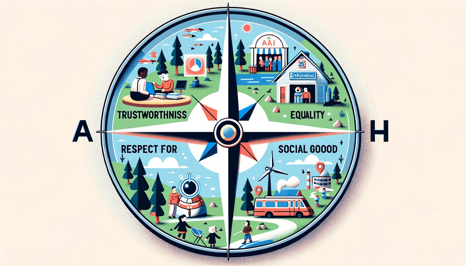 Illustration of a compass with the needle pointing towards 'Ethical AI'. The four directions represent 'Trustworthiness', 'Equity', 'Respect for Privacy', and 'Social Good'. Surrounding the compass are various scenes: a classroom with AI-driven personaliz