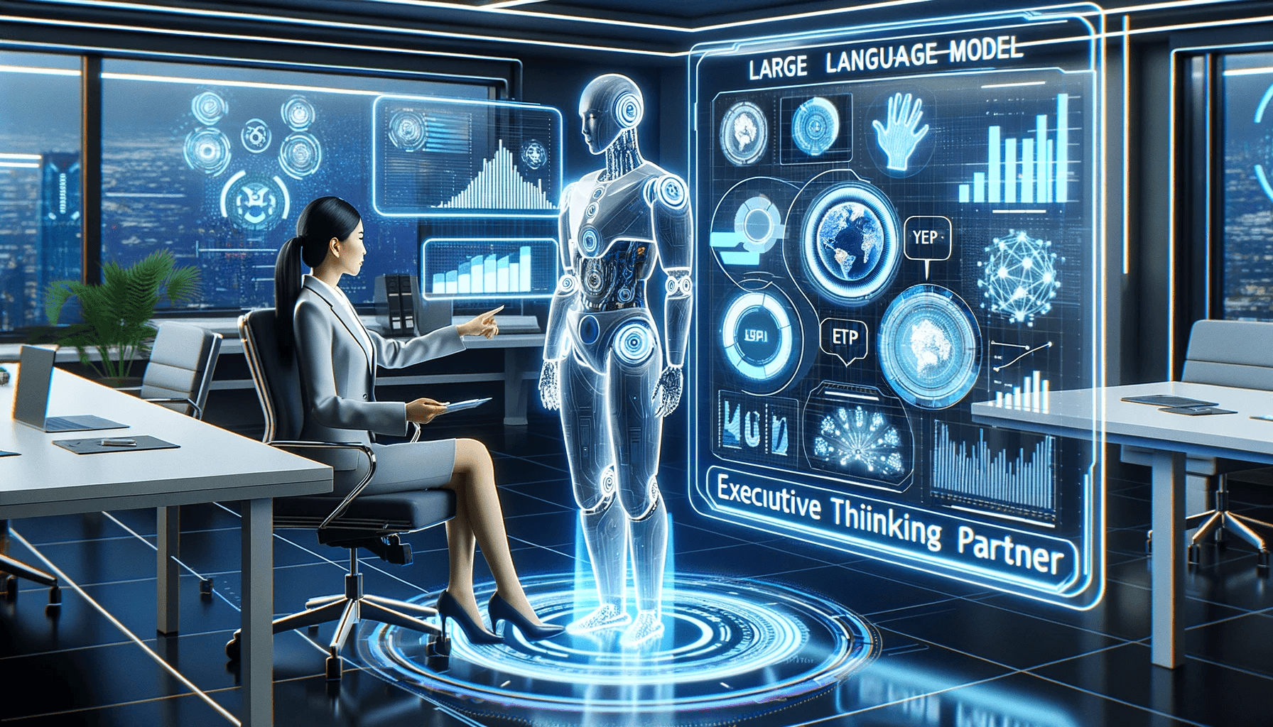 Illustration in 16:9 aspect ratio of a futuristic office setting where a large language model is visualized as a sophisticated holographic AI figure, labeled 'Executive Thinking Partner (ETP)'. The AI figure is shown assisting a business executive, a woma