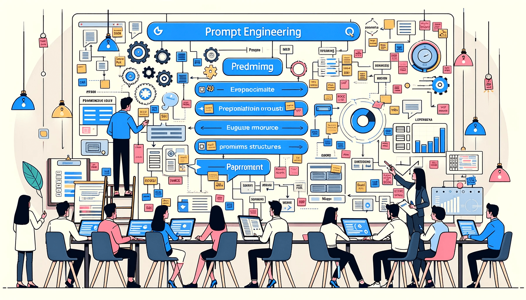 Illustration of a creative workspace dedicated to prompt engineering in a 16:9 aspect ratio. The room is filled with whiteboards covered in flowcharts, diagrams, and sticky notes. In the middle, a group of diverse professionals, both men and women of diff