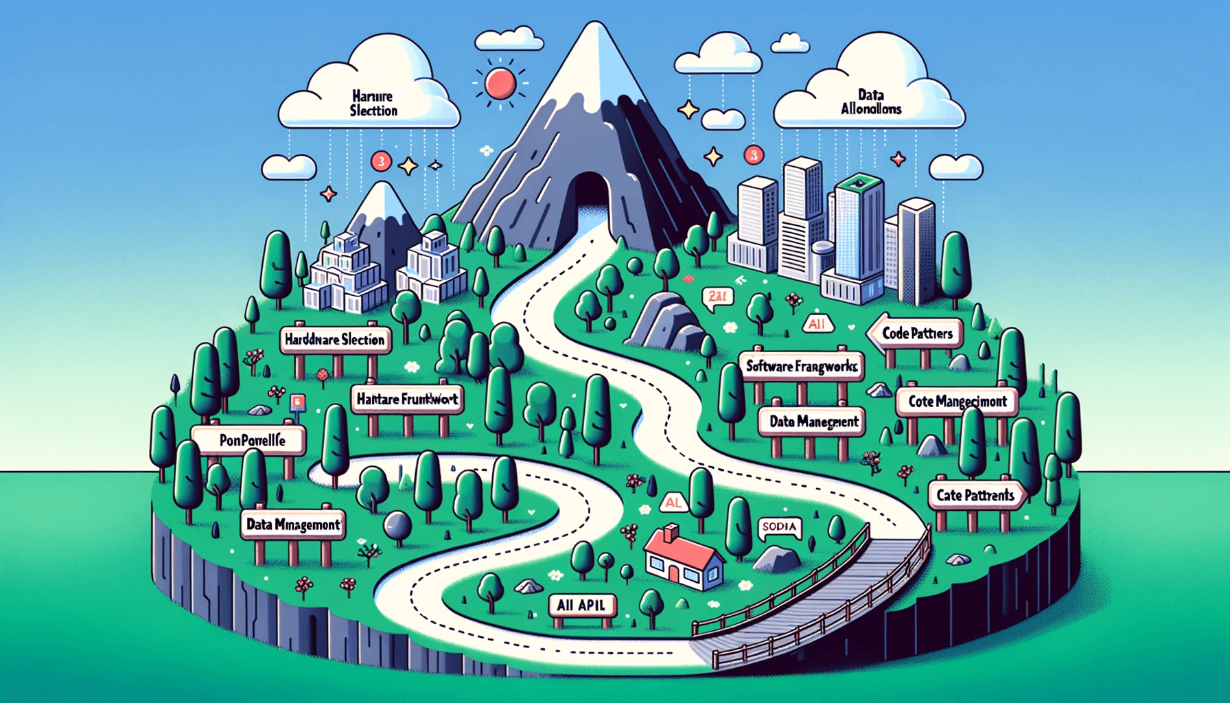 Illustration of a digital landscape representing the journey of scaling AI. Starting from a mountain labeled 'Hardware Selection', a pathway leads through a forest of 'Software Frameworks', over a bridge of 'Data Management', and finally reaching the city