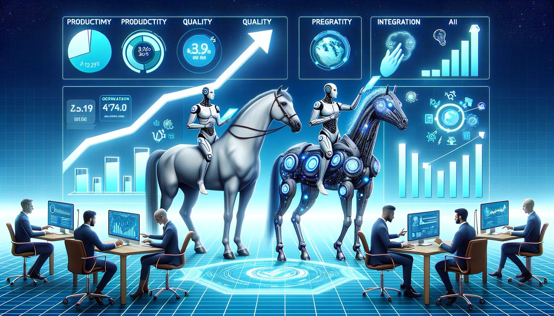 Illustration of a futuristic consulting office where Centaurs and Cyborgs collaborate. Centaurs, with their human torsos and horse lower bodies, are s