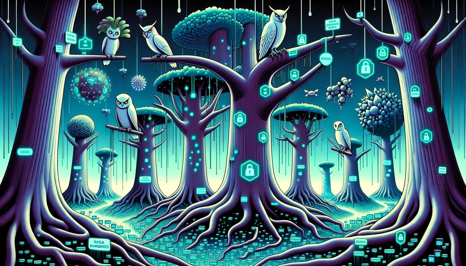 Illustration of a cybernetic forest. Tree-like structures symbolize Large Language Models (LLMs), with their roots diving deep into a digital ground. Sinister digital creatures, representing privacy risks, lurk in the shadows, attempting to corrupt the data flow. Luminous guardians, embodying defenses, ward off these threats, while AI-powered owls oversee, denoting future security services ensuring the protection of the forest.