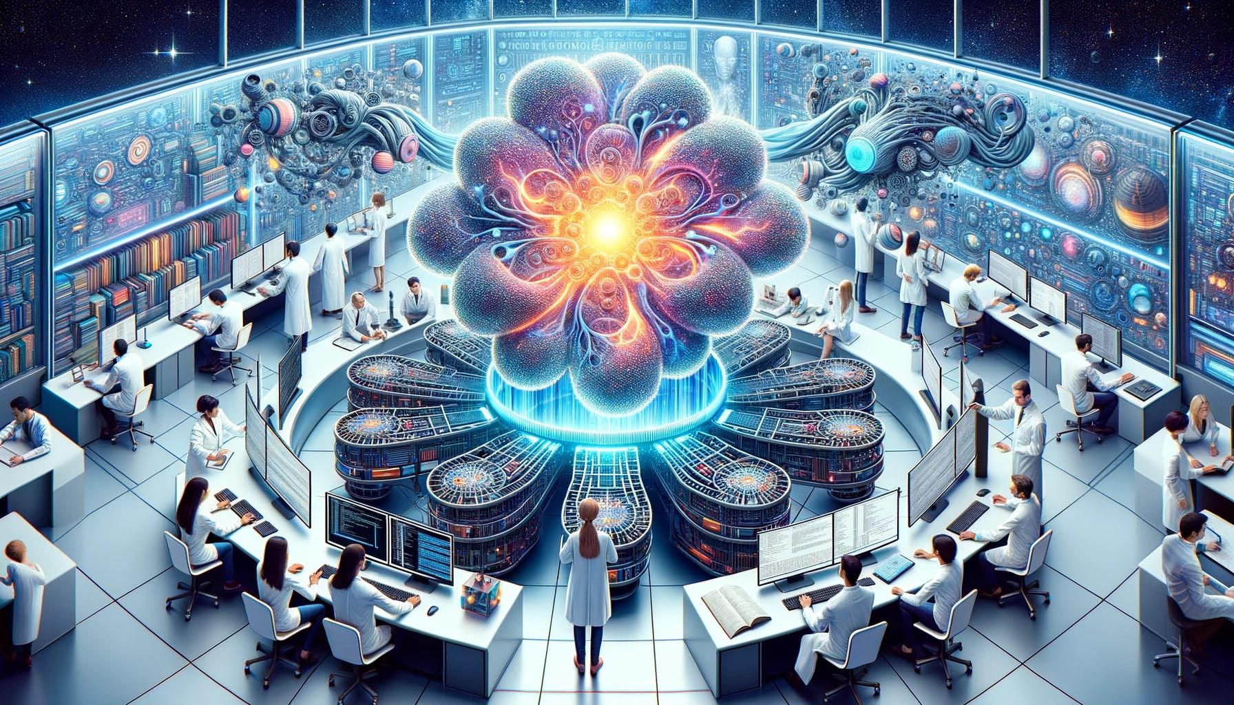 Illustration set in a futuristic knowledge lab where the potential of Large Language Models in Knowledge Engineering is explored. The central focus is a hybrid system where the LLM, depicted as a radiant neural cloud, intertwines with symbolic logic chains. Around this central system, researchers of diverse genders and descents are engaged in various tasks, from programming to analyzing the data, showcasing the evolution of Knowledge Engineering in the age of neuro-symbolic integration.