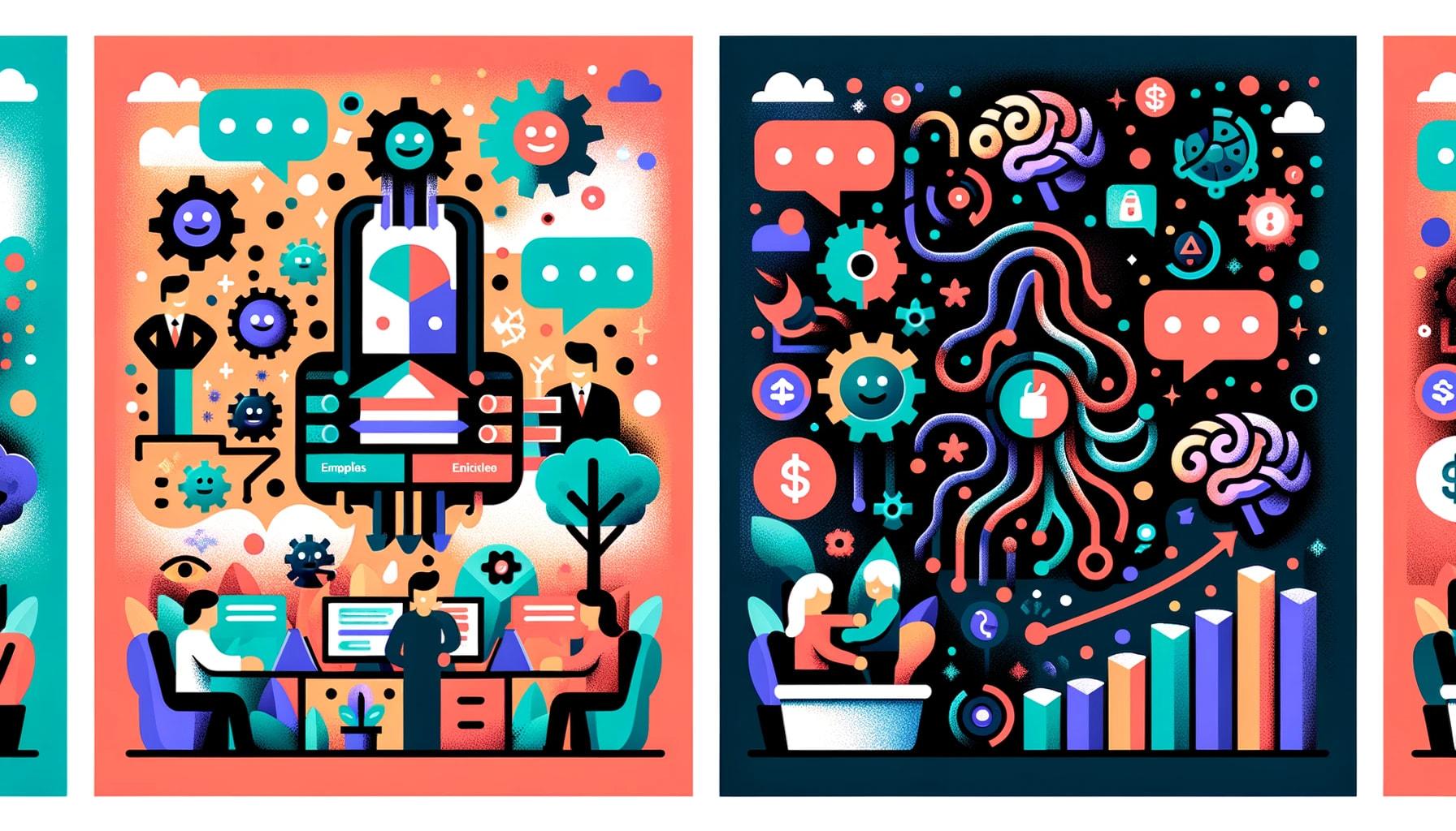 Illustration set in a modern medium enterprise setting. On one end, a vibrant section shows employees and customers benefiting from a conversational AI system, with icons of happy chat bubbles and efficient gears. On the other end, darker shades prevail, with symbols of money being poured into a machine, a firewall barrier, and a twisted neural network representing AI biases, depicting the challenges faced by the enterprise.