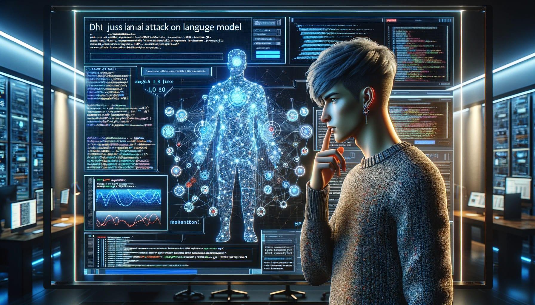 An image of a young person in a modern data center filled with screens displaying various types of information. They are intently studying a holographic display showing a human figure surrounded by interconnected nodes, suggesting a focus on data analysis, artificial intelligence, or human-computer interaction. The atmosphere conveys high-tech and advanced computing, with elements that could appeal to those interested in futuristic technology, cyber security, and data science.