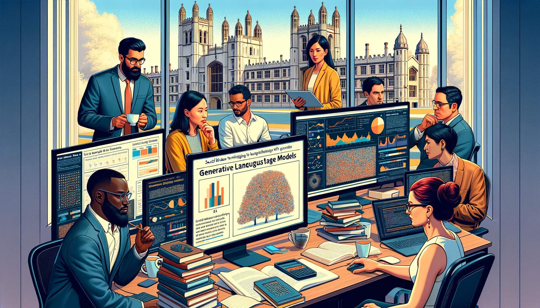 An intricate digital illustration portrays a bustling modern research office where a diverse team of data scientists and technologists are deeply engrossed in their work on generative language models. The workspace is illuminated by natural light streaming through large windows that offer a majestic view of the historic Westminster Palace.