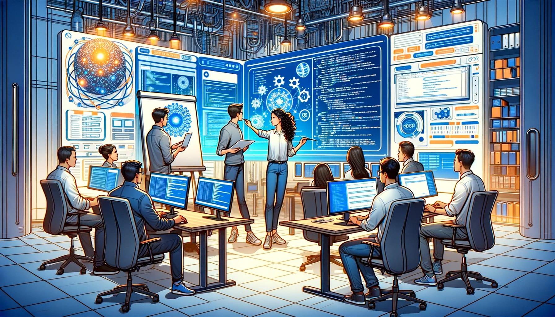 Dynamic tech team collaborates in a server room filled with monitors displaying data analytics and network security information. The image conveys teamwork in IT and cybersecurity, perfect for tech industry content.