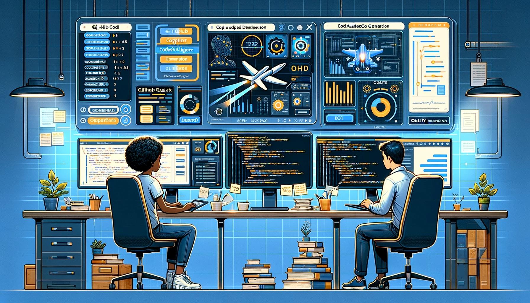 Dynamic digital workspace with two tech professionals engaged in software development, surrounded by large screens filled with code, data visualizations, and project metrics. This illustration captures the essence of a modern development environment, highlighting collaboration tools, analytics dashboards, and the integration of AI in coding. Perfect for content focused on innovative workspaces, coding collaboration, and the intersection of technology and productivity in software engineering.