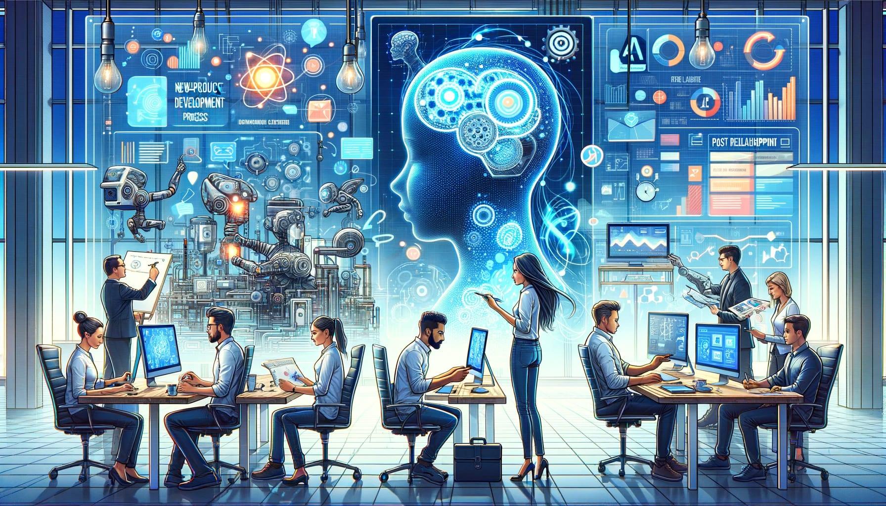 Illustration of an innovative tech workspace where robotics and artificial intelligence intersect, featuring professionals engaging with robotic machinery and AI-powered analytics. The image captures a dynamic office setting, where state-of-the-art robotics are being tested and developed, and a large digital brain showcases cognitive computing concepts