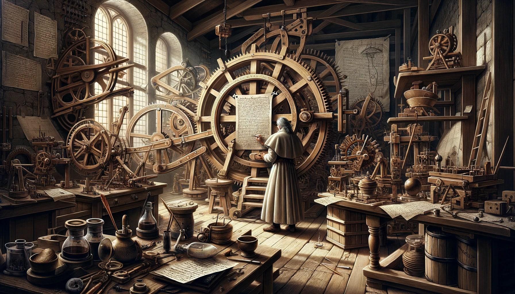Richly detailed historical illustration of a Renaissance-era inventor's workshop, filled with intricate gears, mechanical devices, and scientific instruments. A lone figure stands, absorbed in reading a document amidst the grand machinery of innovation. This image is evocative of the age of discovery, perfect for content relating to the history of science, the evolution of machinery, and the inventive spirit of the past.