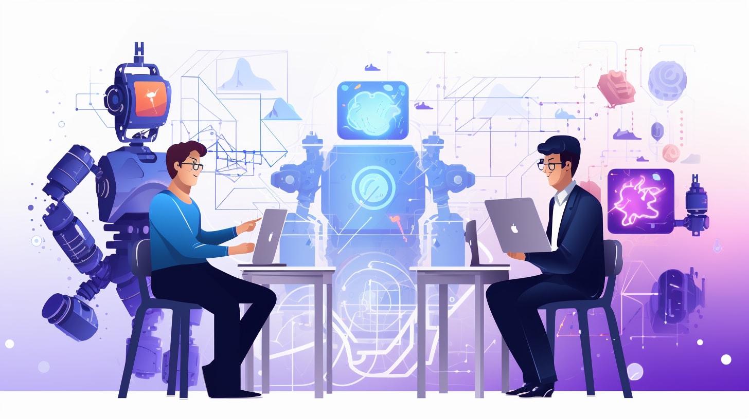The image showcases a collaboration between humans and AI in project planning. On one side, a person works on a laptop beside a robot indicating task success. Opposite, another individual is engrossed in their laptop. At the center, a robot with a digital brain represents AI, with connections to both humans. Background icons of charts and gears against a purple-to-blue gradient symbolize a fusion of human intelligence and AI efficiency in a futuristic work environment.