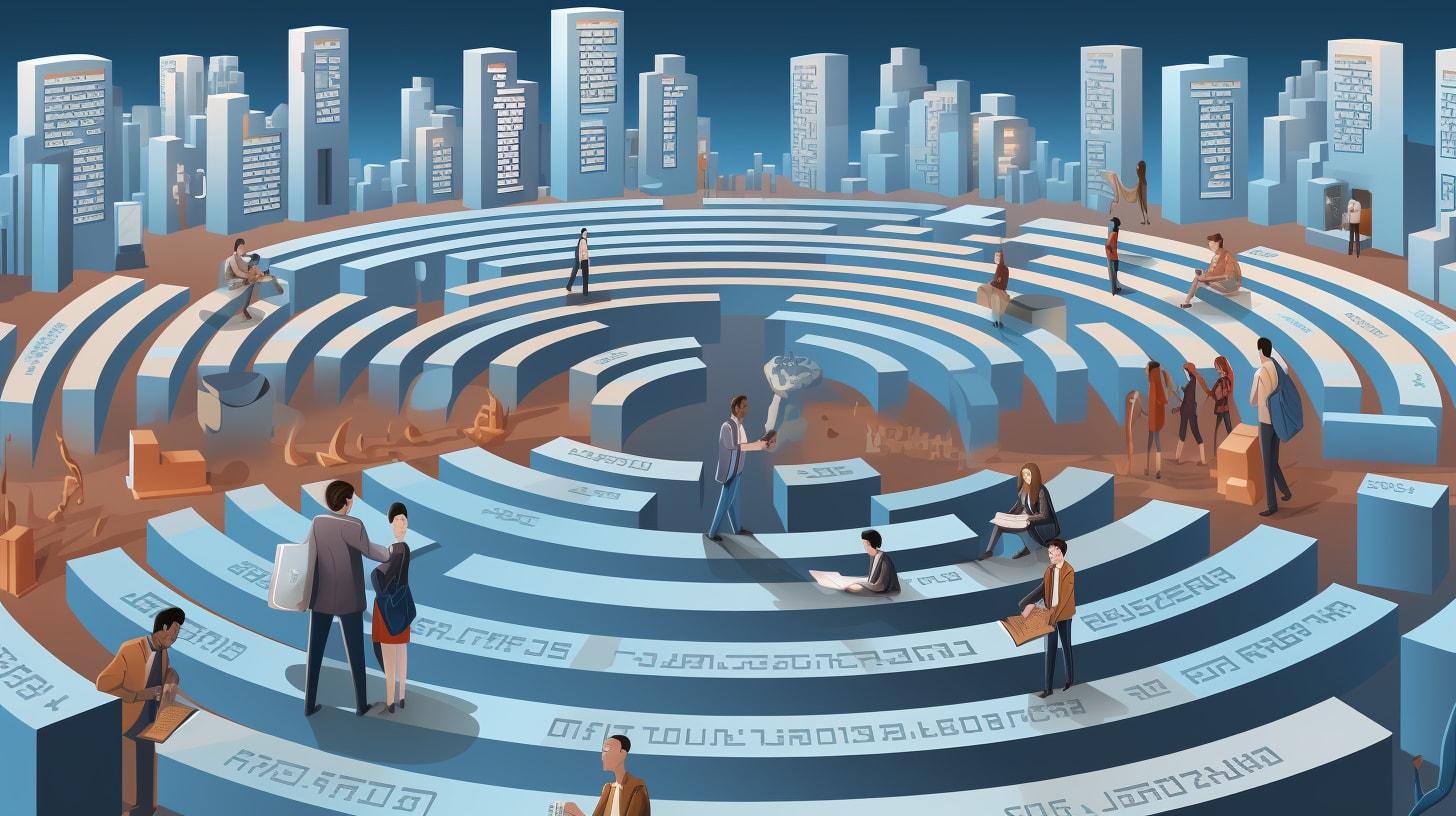 a metaphorical representation of a knowledge labyrinth, with concentric circular layers filled with people engaging in various academic and business activities. In the center, a man conjures a lightbulb, a universal symbol of an idea or insight. Surrounding him are individuals who are studying, discussing, teaching, and presenting, all against a backdrop of towering pillars and walls inscribed with alphanumeric codes, suggesting a complex repository of information or a library. The setting is bathed in a warm glow, highlighting a bustling atmosphere of intellectual pursuit within a vast expanse of knowledge.