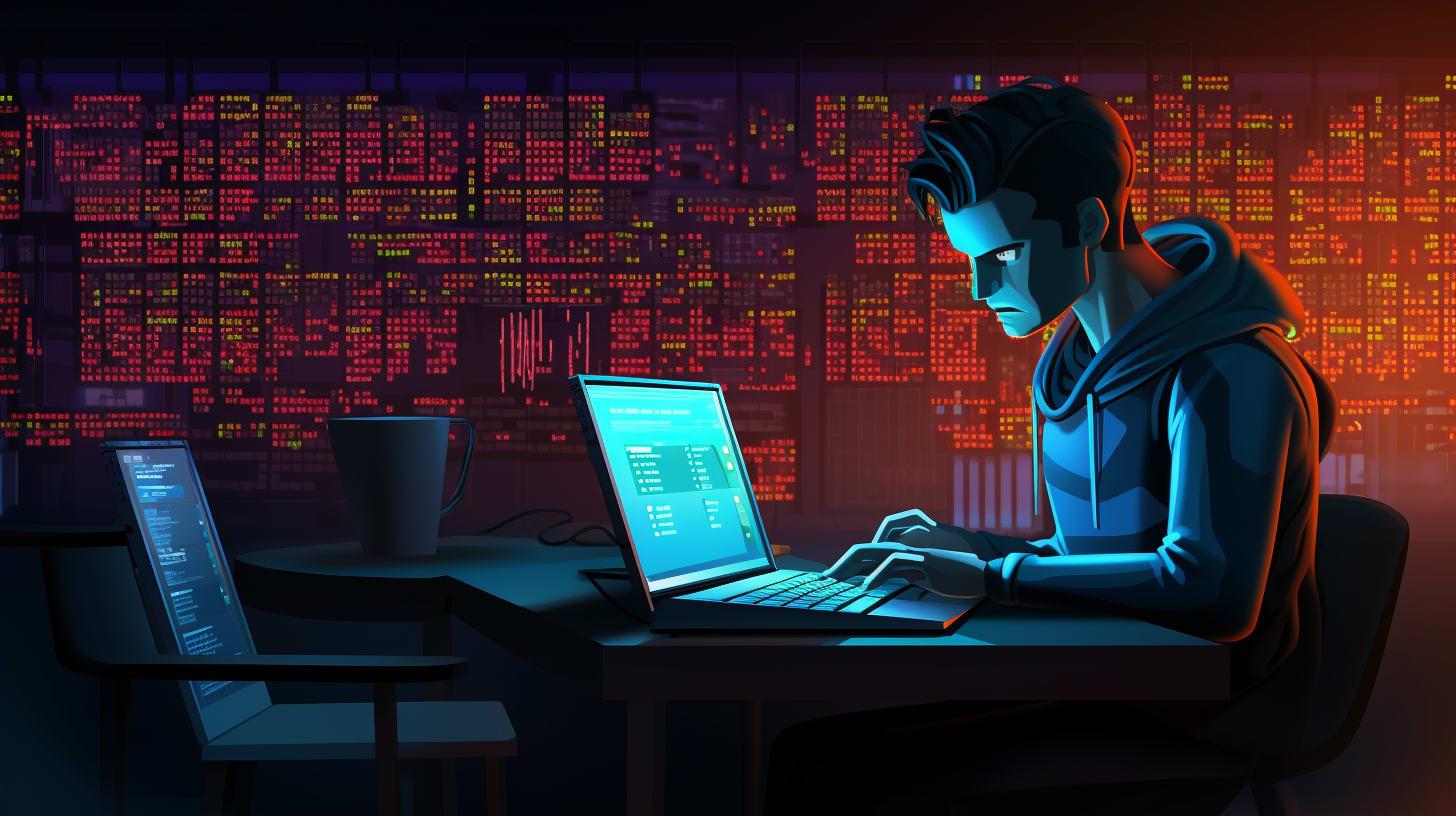 a focused individual, possibly a software developer or cybersecurity expert, working intensely on a laptop with coding interface displayed, in a dark room illuminated by the glow of multiple screens with complex data visualizations. The backdrop of glowing red digital matrices suggests a theme of high-stakes data analysis or programming, consistent with tech-intensive fields like artificial intelligence development or network security. The solitary figure, absorbed in the task, reflects the deep concentration and expertise required in the digital technology sector.