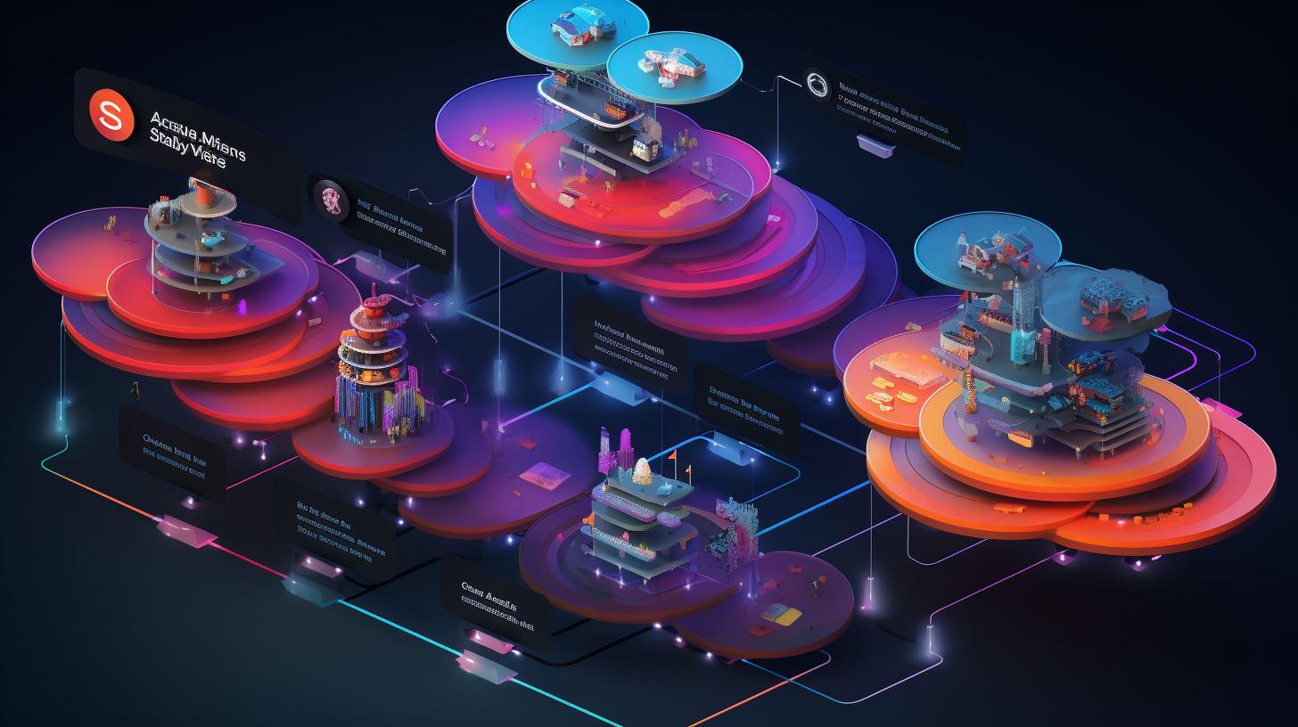 a sophisticated 3D infographic with vibrant, layered circular platforms illustrating the service layers in cloud computing. Each stratum, glowing with neon hues, represents different service models like SaaS, PaaS, IaaS, and MaaS, with miniature detailed structures and activities that symbolize their functions and interactions. Floating annotations provide insights into each service, enhancing the educational value. The graphic's futuristic aesthetic makes it a compelling visual for explaining the complexities of cloud service evolution