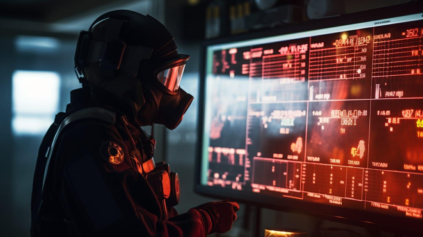 an emergency responder in a hazardous materials suit, intently analyzing data on a monitor, which displays detailed technical graphics in red and white. The responder's outfit is equipped with various technical accessories, emphasizing the serious nature of his task. The visual presents a sense of urgency and precision in the high-stakes context of emergency response, management, and data analysis, capturing the intense focus required in such situations. The dark, moody atmosphere accentuates the vibrant colors of the data graphics, highlighting the critical work undertaken in emergency management scenarios.