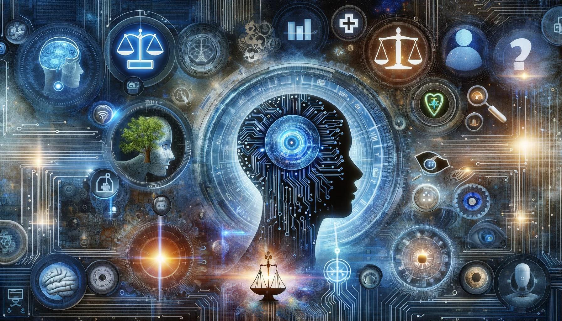 Explore the intersection of artificial intelligence and human ethics with this visually captivating image. Featuring a human silhouette filled with intricate digital circuits, this artwork represents the fusion of AI technology with human-centric values. The surrounding icons symbolize balance, growth, health, and inquiry, highlighting the multifaceted impact of AI on society.