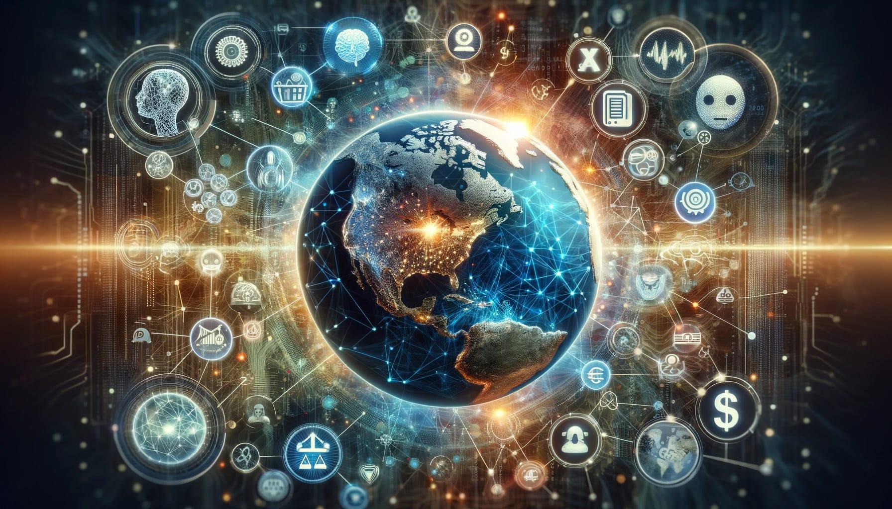 Explore the convergence of artificial intelligence and global economics in this striking visual. The digital image captures a luminous Earth at the center, surrounded by iconic symbols representing AI, data analytics, finance, and technology that are interconnected, illustrating the profound influence of AI on economic activities worldwide.