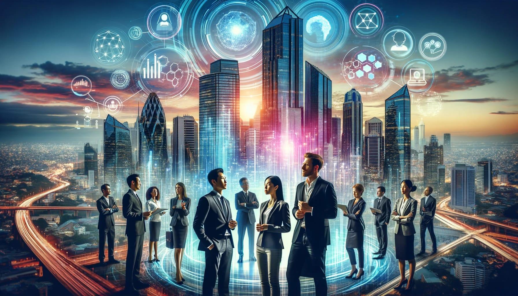 Experience the future of business in this compelling image that merges a bustling cityscape with the digital revolution. Business professionals engage in conversation, underscored by glowing, futuristic icons of analytics, connectivity, and innovation, representing the seamless integration of technology and commerce in the urban environment