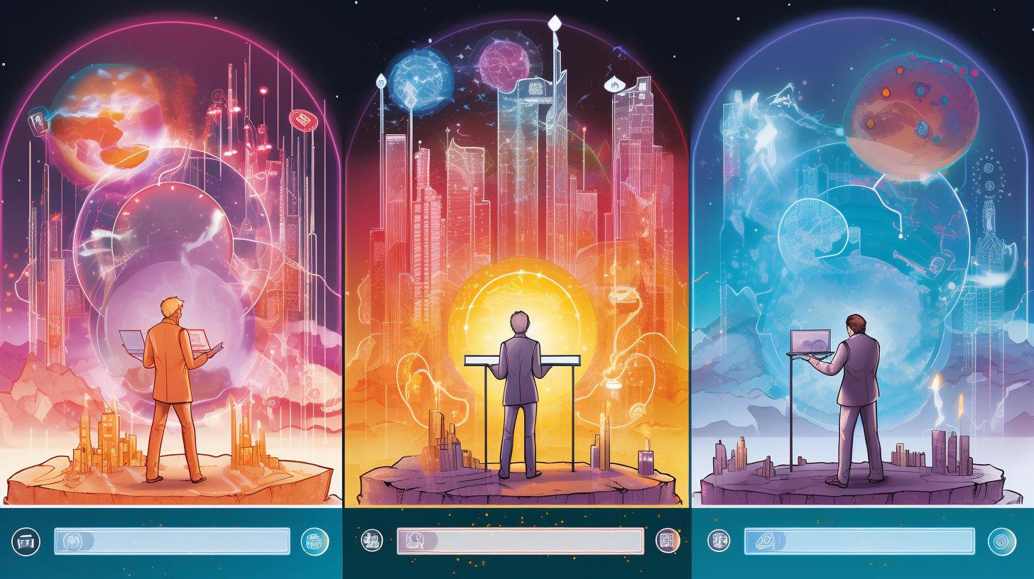 triptych illustrates the evolution of AI, with each panel depicting a different stage against a backdrop of futuristic cities within protective domes. The left panel, in warm tones, shows the emergence of AI; the center in bright yellow represents its zenith; and the right, in cool blues, portrays its advanced integration. The narrative progresses from AI's inception to its seamless incorporation into city life.