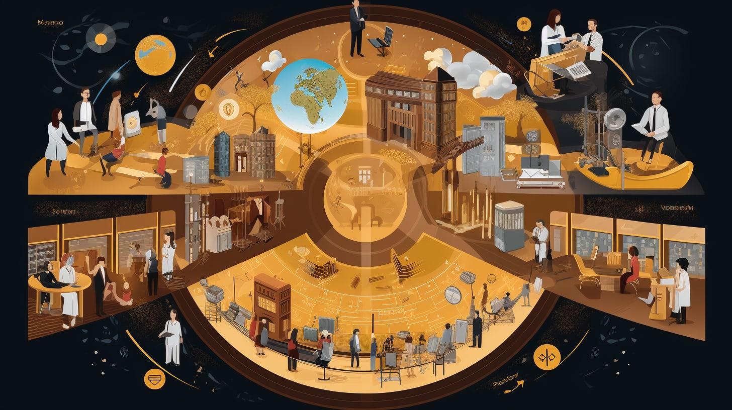 Dive into the world where artificial intelligence meets human ingenuity, depicted in an intricate image that showcases various facets of life and work, enhanced by AI. From healthcare to architecture, each sector is interconnected within a circular layout, symbolizing the unity and seamless integration of AI across diverse industries and everyday activities.