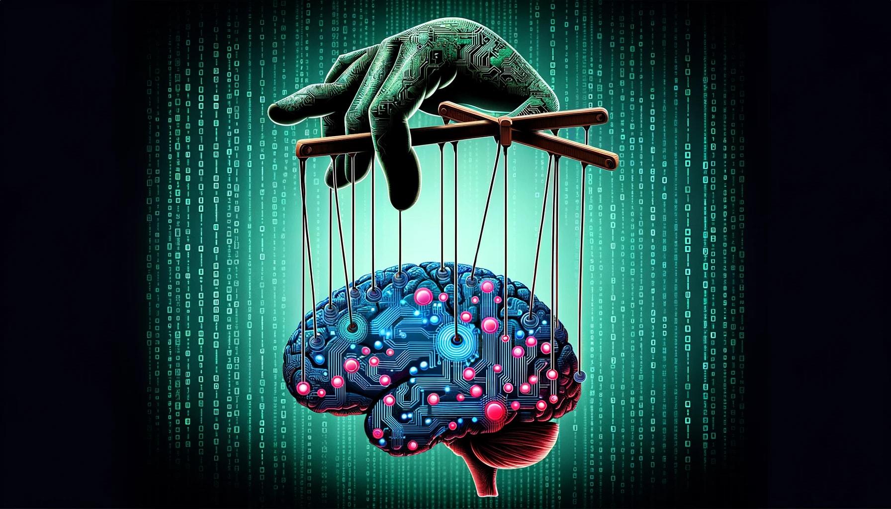 a stylized digital brain with circuit-like patterns and neural network imagery, manipulated by puppet strings held by a shadowy hand, against a background of binary code.